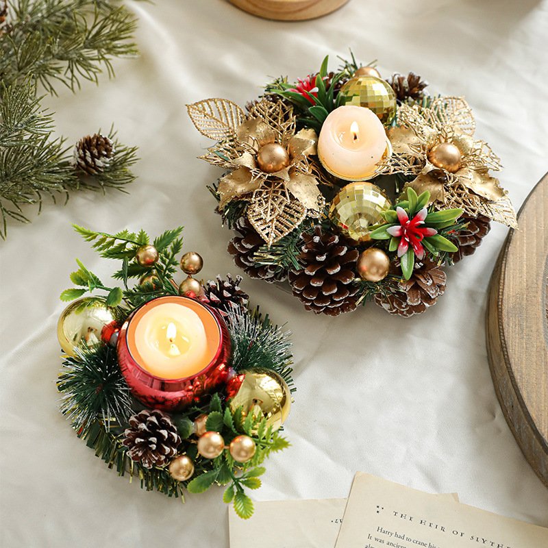 Christmas Candle Metals Candlestick Wreath Artificial Pinball Pinecone Candle Holder Fake Leaves Xmas New Year Home Table Decor - Image 3