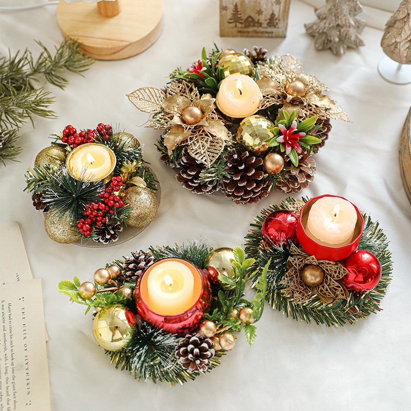 Christmas Candle Metals Candlestick Wreath Artificial Pinball Pinecone Candle Holder Fake Leaves Xmas New Year Home Table Decor - Image 2
