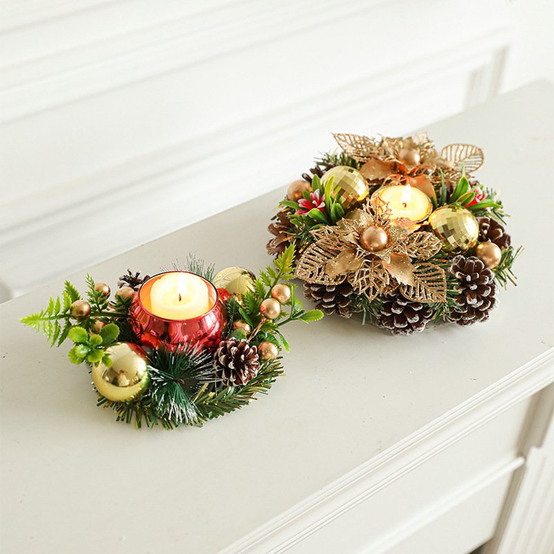 Christmas Candle Metals Candlestick Wreath Artificial Pinball Pinecone Candle Holder Fake Leaves Xmas New Year Home Table Decor - Image 4