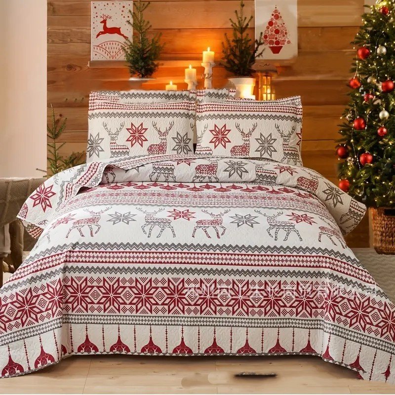 Christmas Peach Skin Fabric Bed Three-piece Set
