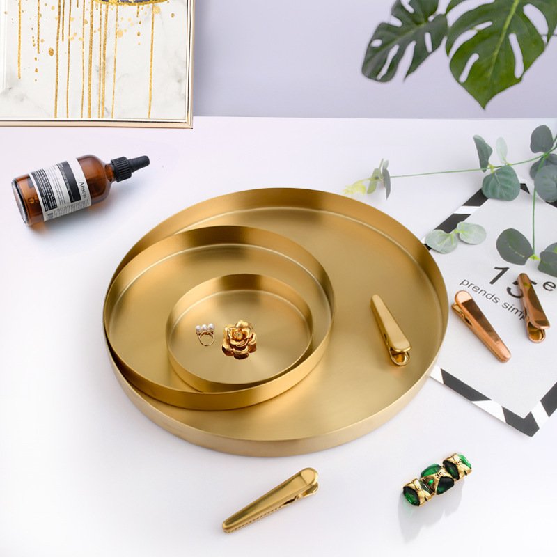 Golden, Round Stainless Steel Plate Household Jewelry Storage Tray - Image 4