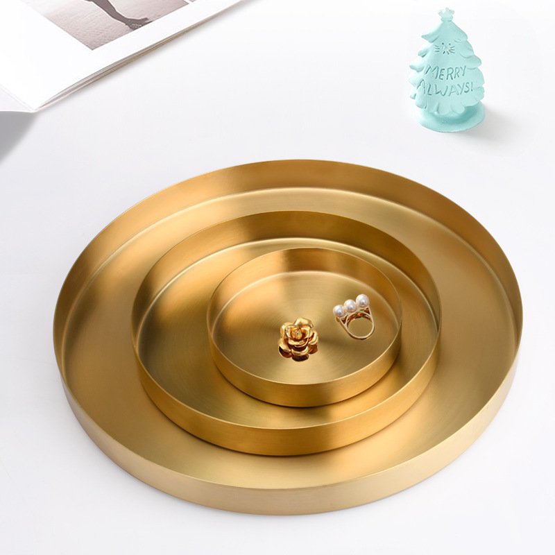 Golden, Round Stainless Steel Plate Household Jewelry Storage Tray - Image 3