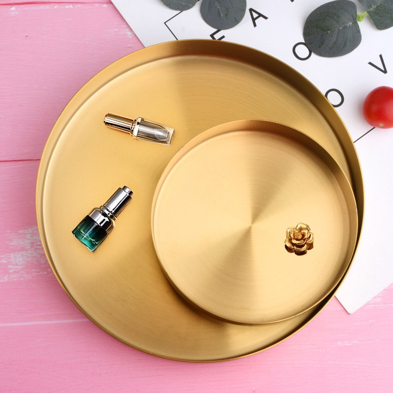 Golden, Round Stainless Steel Plate Household Jewelry Storage Tray - Image 2